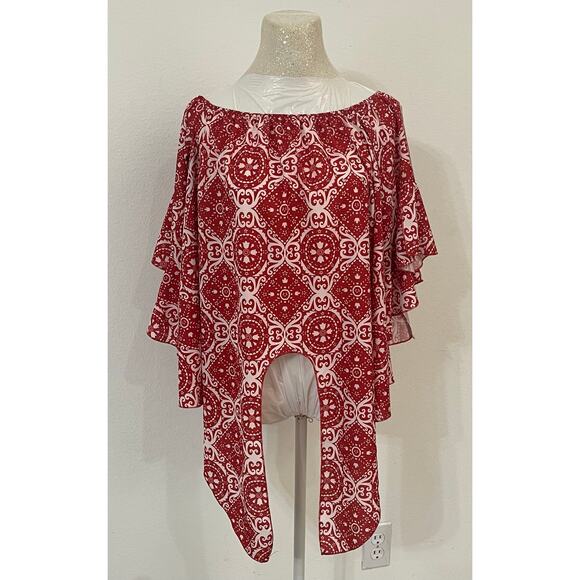 FASHION brand red and white poncho-style blouse sz L boho-chic beachwear - Picture 1 of 5